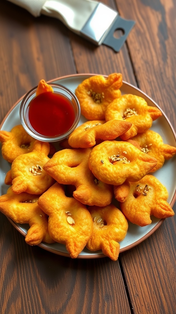 Crispy buket snacks on a plate with sesame seeds and dipping sauce on a rustic table.